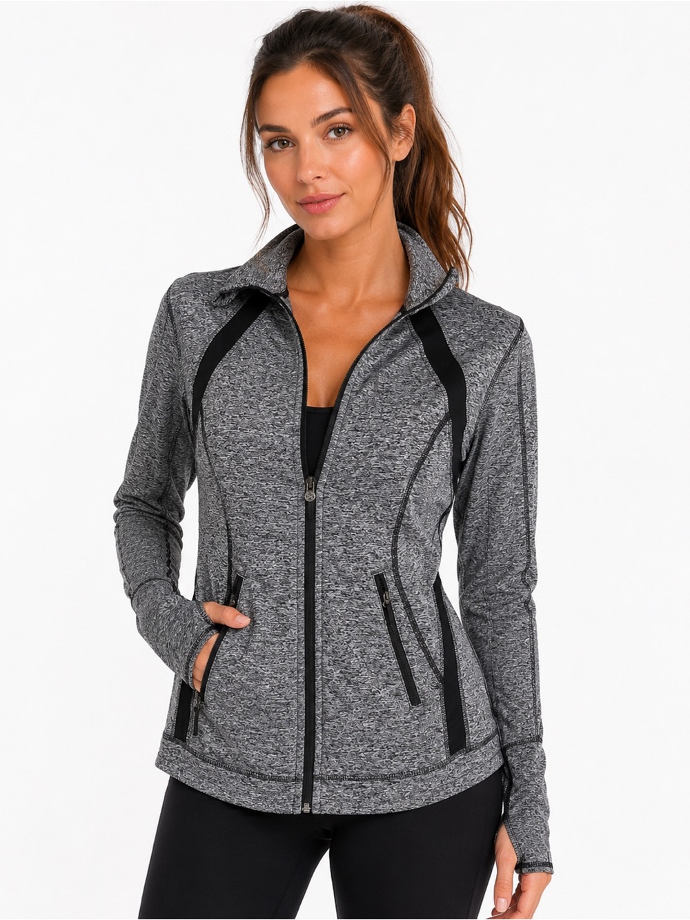 Tangerine Gray Marled Full Zip Athletic Jacket Black Mesh Panels Women’s Small